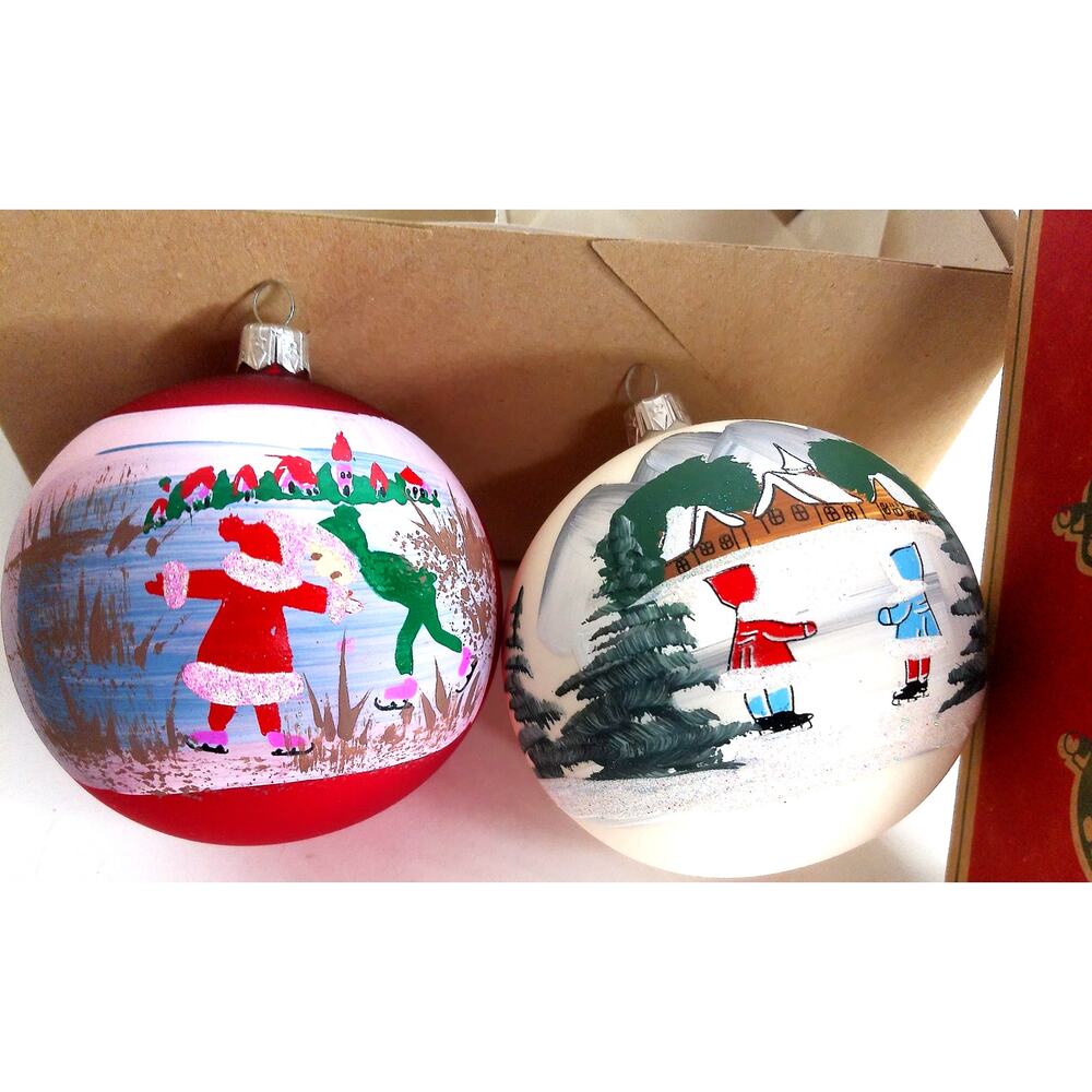 Vitbis Poland Hand Painted Blown Glass Christmas Ornaments Winter Scenes Set